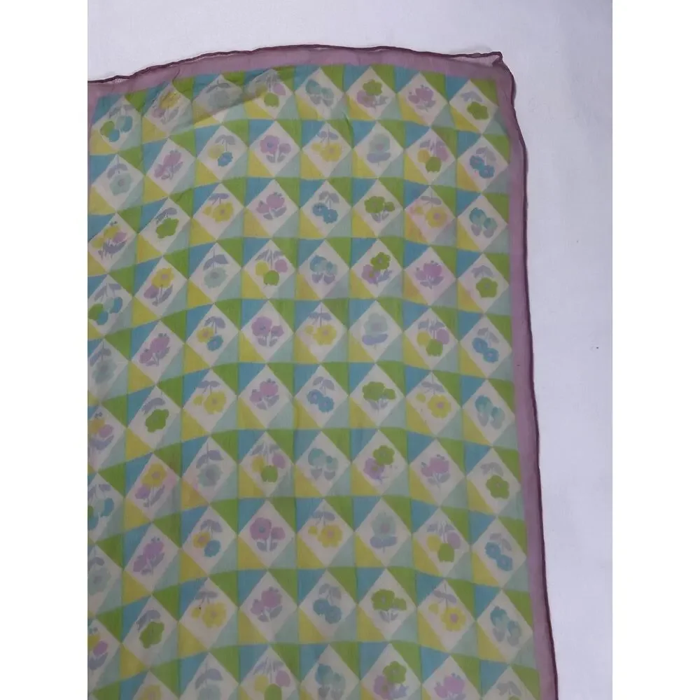 Vintage 1960s Silk Chiffon Scarf Geometric Floral Purple Green Blue Hand Rolled